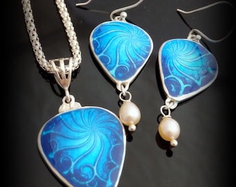 Recycled Fine Silver, Basse-taille, Enamel, Pendant and Earrings Set, Fresh Water Pearls, Gift, Eco Friendly