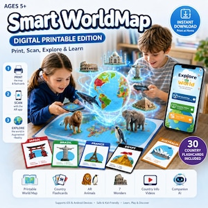 Ausdruckbare interaktive Weltkarte für Kinder, Geografie-Lernset (sofortiger digitaler Download), Homeschooling-Set