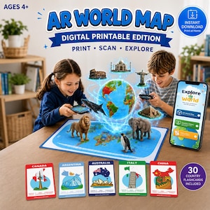 May include: An AR World Map digital printable edition featuring a blue map with interactive 3D projections of animals and landmarks. Includes 30 country flashcards showing Canada, Argentina, Australia, Italy, and China with iconic illustrations.