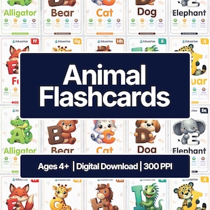 Puede incluir: Una colección de tarjetas educativas de animales con letras del alfabeto junto a ilustraciones de animales como un caimán, oso, gato, perro y elefante. Cada tarjeta incluye el nombre del animal, categoría, hábitat y un dato curioso.