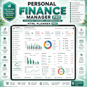 Puede incluir: Una interfaz de panel de control Personal Finance Manager Pro que muestra un resumen financiero con gráficos, rastreadores de ingresos, gastos, ahorros e inversiones, además de un menú lateral y resúmenes de cuentas detallados.
