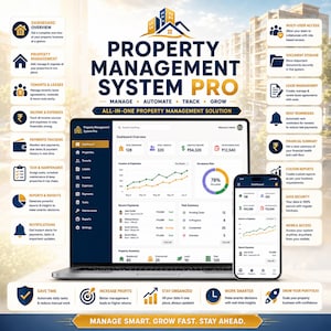 May include: A Property Management System Pro software interface displayed on a laptop and smartphone screen. The dashboard shows data analytics, income, expenses, and tenant information with icons and text labels for various management features.