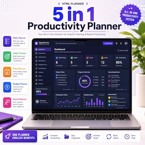 Op de afbeelding: Een laptop met een donker 5-in-1 productiviteitsplanner dashboard met takenlijsten, voortgangsgrafieken en gewoonte-trackers. Het scherm toont secties voor dagelijkse, gewoonte-, maaltijd-, budget- en sociale planning met paarse en blauwe accenten.