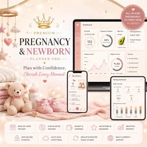 May include: A digital pregnancy and newborn planner displayed on a laptop, smartphone, and tablet. The screen shows dashboards for due dates, baby size, feeding, and milestones. A teddy bear, baby booties, and a bottle sit on a soft pink blanket.