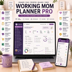 May include: A digital planner interface titled Working Mom Planner Pro displayed on a laptop and smartphone, featuring a dashboard with tasks, schedules, and habit trackers. Includes a purple mug, a spiral notebook with a pen, and a sticky note.