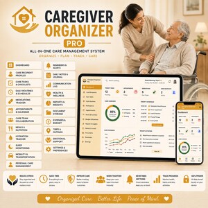 May include: Caregiver Organizer Pro digital care management system displayed on a tablet and smartphone. The interface features a dashboard with tasks, appointments, medications, and care recipient profiles, alongside a list of organisational icons.