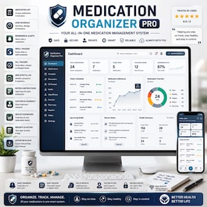 May include: A digital medication management system interface displayed on a computer monitor and smartphone screen, featuring a dashboard with health metrics, medication schedules, adherence charts, and a pill bottle with the text Medication Organizer Pro.