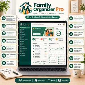 Könnte beinhalten: Ein Laptop mit der Benutzeroberfläche der Family Organizer Pro Software, die ein Dashboard mit Aufgabenlisten, Kalender, Budget und Gesundheits-Trackern zeigt. Der Bildschirm hat ein grünes und weißes Layout mit verschiedenen Symbolen.