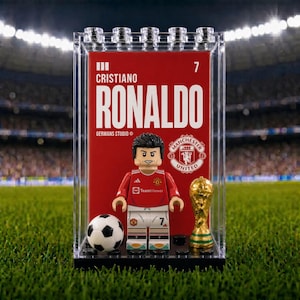 Red Devil Portuguese Icon #7 Acrylic Display Showcase - Custom Brick Toy Stand with Golden Trophy & Ball - Red White Fan Cave Gift