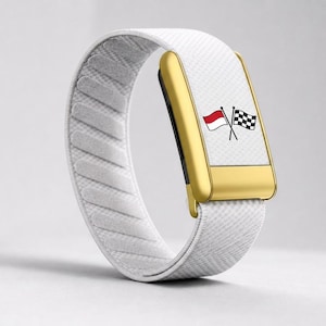 May include: A fitness tracker with a gold-toned rectangular frame and a white textured elastic band. The screen displays a graphic of a red and white flag crossed with a black and white checkered racing flag on a white background.