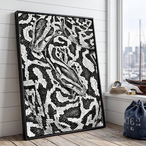 Quadro con pitone in bianco e nero, decorazione murale esotica con rettili, arredamento moderno per la casa.