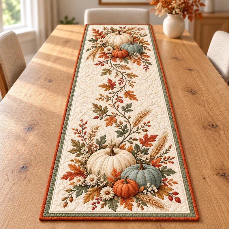 Autumn Pumpkin Quilted-style Table Runner, Cream Botanical Design With ...