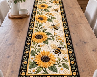 Bee Sunflower Quilted Table Runner, Honey Bee Kitchen Decor, Farmhouse Floral Dining Runner, Summer Cottagecore Table Decor