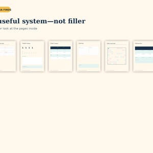 May include: A digital display showing six pages of a planner with the text AURORA FINDS and A useful system&mdash;not filler. The pages feature various layouts including tables, grids, and numbered lists in cream, dark blue, and light blue tones.