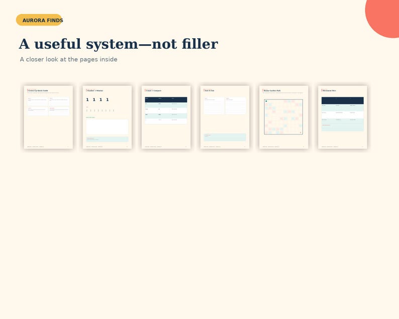 May include: A digital display showing six pages of a planner with the text AURORA FINDS and A useful system&mdash;not filler. The pages feature various layouts including tables, grids, and numbered lists in cream, dark blue, and light blue tones.