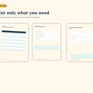 K&ouml;nnte beinhalten: Drei druckbare Planerseiten mit cremefarbenem Hintergrund und dunkelblauem Text. Die Seiten sind betitelt mit Debt Progress Tracker, Weekly Money Date und Blank Monthly Dashboard. Oben im Bild steht Aurora Finds und Print only what you need.