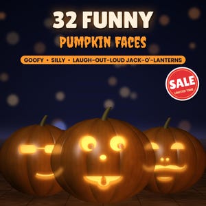 Lustige Kürbisschnitzvorlagen, 32 witzige Jack-o'-Lantern-Gesichter, lustige Halloween-Kürbisvorlagen, druckbare PDF-Datei, leicht bis mittel