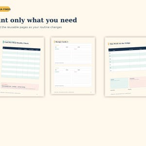 May include: Three printable planner pages titled Aurora Finds, Print only what you need, and Reprint the reusable pages as your routine changes. The pages include Cost-Per-Meal Reality Check, Recipe Cards 1, and This Week on the Fridge templates.