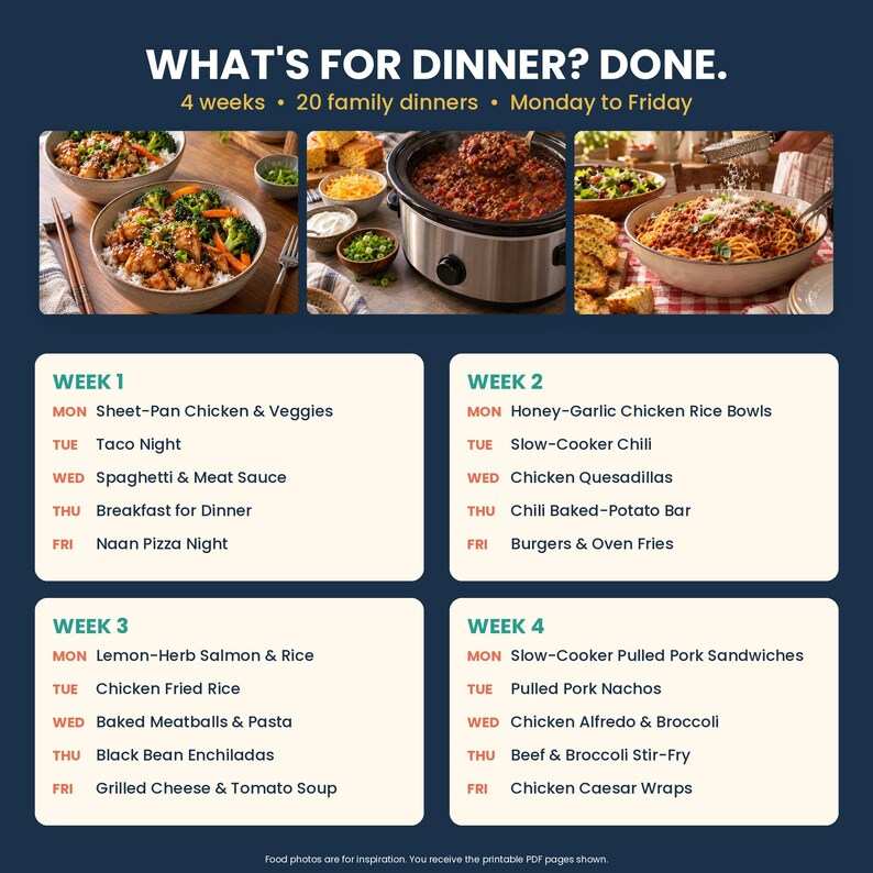 May include: A meal planning chart titled WHAT'S FOR DINNER? DONE. featuring 4 weeks of dinner menus from Monday to Friday, including 20 family meals. The document displays three food photographs at the top and a structured list of recipes.