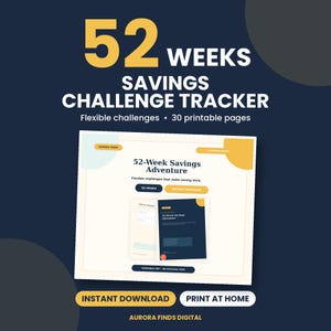 Puede incluir: Un documento digital de seguimiento de desaf&iacute;o de ahorro de 52 semanas con el texto 52 WEEKS SAVINGS CHALLENGE TRACKER, 52-Week Savings Adventure, 30 pages e instant download. El dise&ntilde;o utiliza acentos de color azul marino, crema y amarillo.