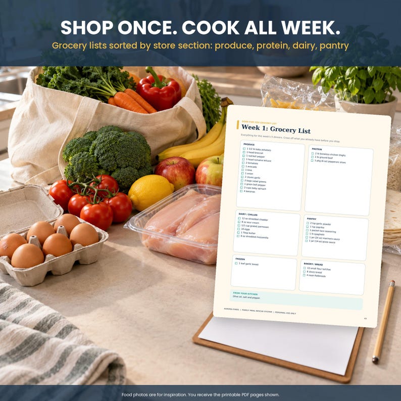 May include: A printed grocery list titled Week 1: Grocery List on a wooden clipboard with a pencil, next to a canvas tote bag filled with fresh produce including broccoli, tomatoes, carrots, bananas, and a carton of eggs and raw chicken.
