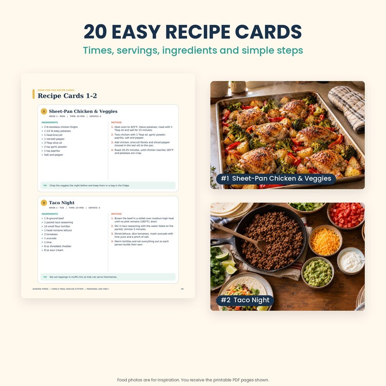 May include: A set of 20 easy recipe cards featuring text instructions for Sheet-Pan Chicken & Veggies and Taco Night. The layout includes ingredient lists, cooking methods, and colour photographs of the finished meals on a baking sheet and in bowls.