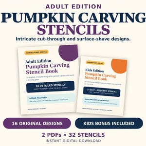 May include: Two digital pumpkin carving stencil books, one labeled Adult Edition and one Kids Edition. The covers feature purple and orange accents, text detailing 16 stencils per book, and instructions to print, transfer, and carve the black shapes.
