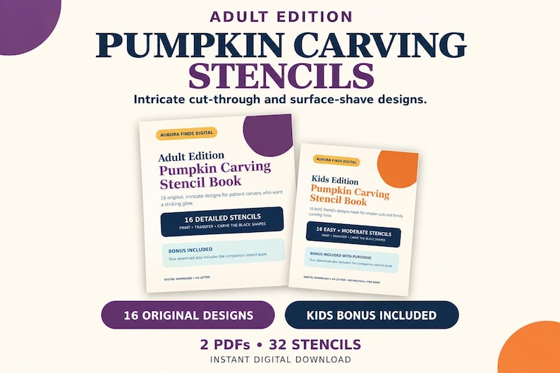 May include: Two digital pumpkin carving stencil books, one labeled Adult Edition and one Kids Edition. The covers feature purple and orange accents, text detailing 16 stencils per book, and instructions to print, transfer, and carve the black shapes.