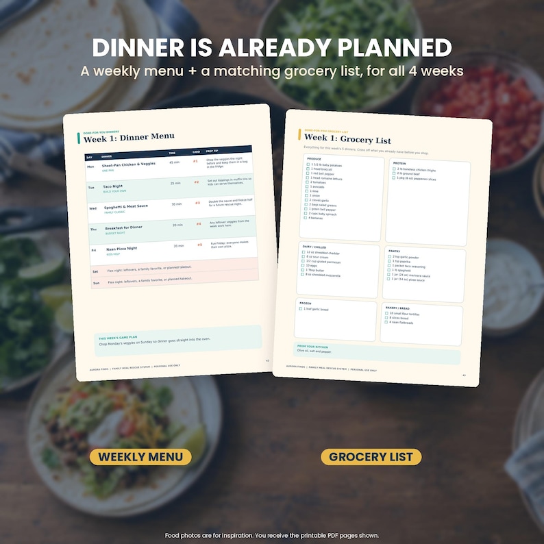 May include: A printable meal planning set featuring a Week 1 Dinner Menu and a Week 1 Grocery List. The menu includes columns for day, meal, time, and prep tip. The grocery list is organised by category, including produce, protein, dairy, and pantry items.