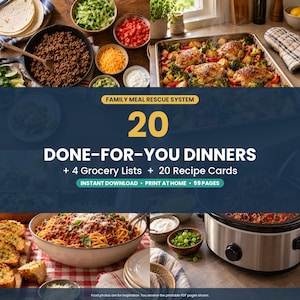 May include: A digital meal planning guide titled Family Meal Rescue System featuring 20 Done-For-You Dinners, 4 grocery lists, and 20 recipe cards. The document includes 59 pages for instant download and home printing, displayed with various food images.