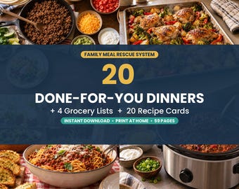 Family Meal Planner Printable, 20 Done-For-You Dinners, Grocery Lists, 4-Week Meal Plan
