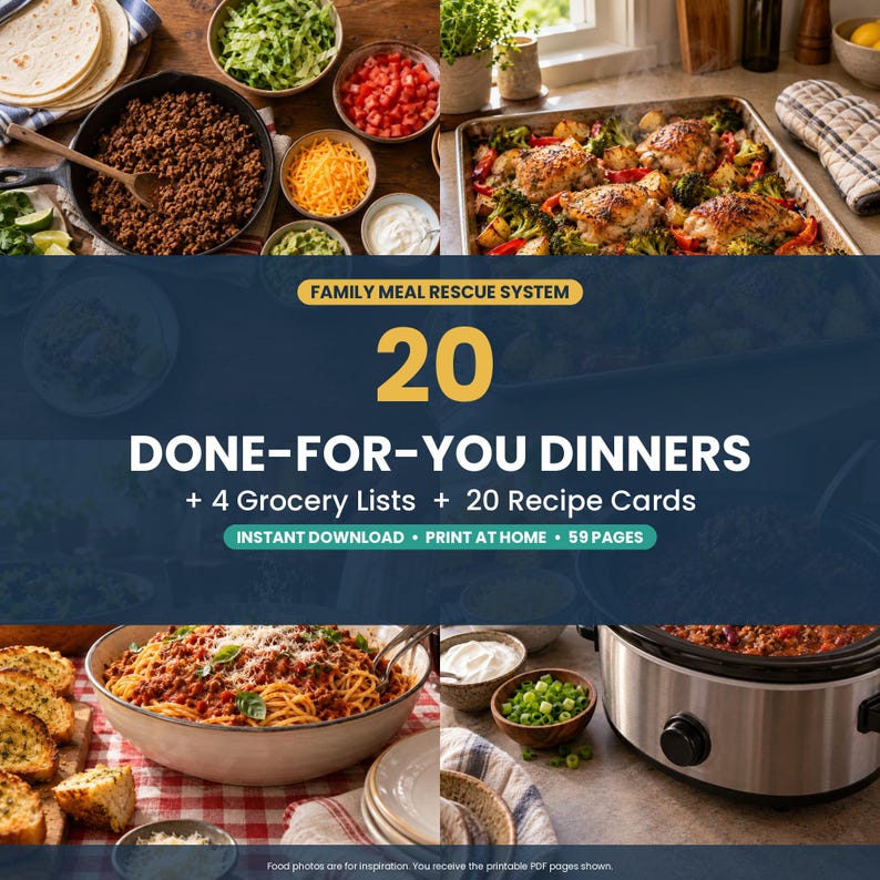 May include: A digital meal planning guide titled Family Meal Rescue System featuring 20 Done-For-You Dinners, 4 grocery lists, and 20 recipe cards. The document includes 59 pages for instant download and home printing, displayed with various food images.