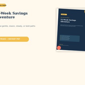 Puede incluir: Un documento PDF digital de 30 p&aacute;ginas titulado 52-Week Savings Adventure de Aurora Finds. El documento presenta una portada azul oscuro con detalles amarillos, enumerando opciones para rutas de ahorro suaves, cl&aacute;sicas o audaces.