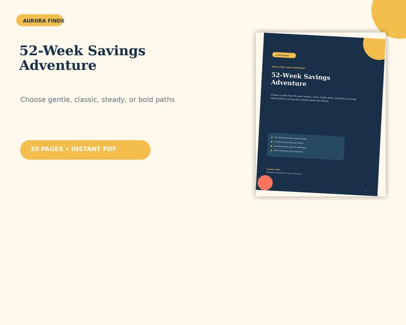 Puede incluir: Un documento PDF digital de 30 p&aacute;ginas titulado 52-Week Savings Adventure de Aurora Finds. El documento presenta una portada azul oscuro con detalles amarillos, enumerando opciones para rutas de ahorro suaves, cl&aacute;sicas o audaces.