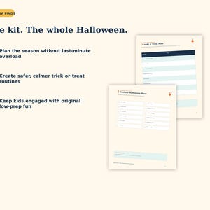 以下が含まれることがあります： Candy + Treat PlanとOutdoor Halloween Huntというタイトルの印刷可能な2ページを含むデジタルハロウィーン計画キット。テキストにはAurora Finds、One kit. The whole Halloween、および3つの番号付きの整理ポイントが含まれています。