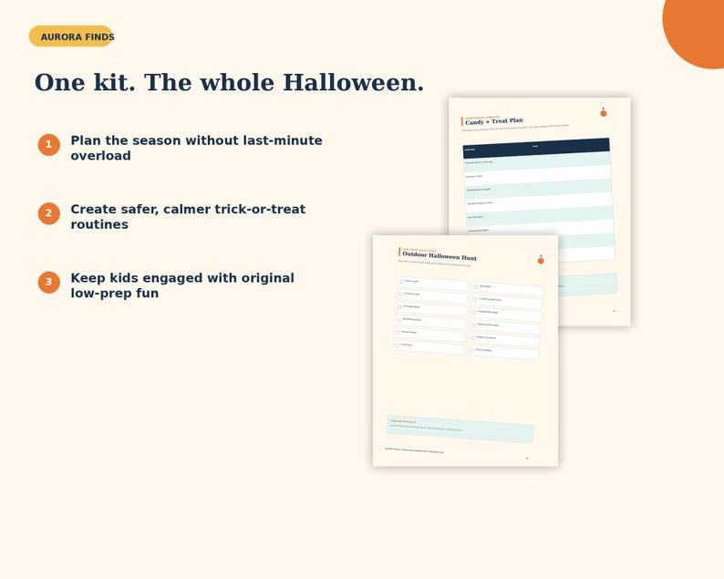 以下が含まれることがあります： Candy + Treat PlanとOutdoor Halloween Huntというタイトルの印刷可能な2ページを含むデジタルハロウィーン計画キット。テキストにはAurora Finds、One kit. The whole Halloween、および3つの番号付きの整理ポイントが含まれています。