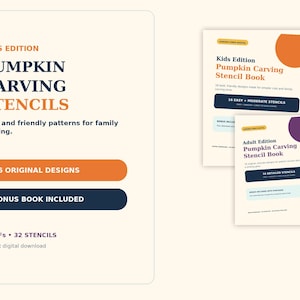 May include: A digital product listing for a Kids Edition Pumpkin Carving Stencils book featuring 16 original designs. The set includes two PDF files totalling 32 stencils, with an additional Adult Edition Pumpkin Carving Stencil book included as a bonus.