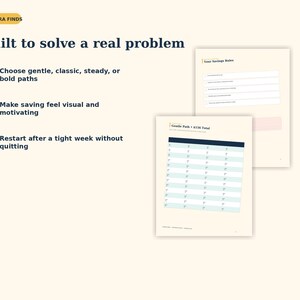 Puede incluir: Un documento de seguimiento de ahorros digital con el texto Aurora Finds, Built to solve a real problem, Your Savings Rules y Gentle Path 4156 Total. El dise&ntilde;o incluye una lista numerada de tres pasos y una tabla para el control financiero.