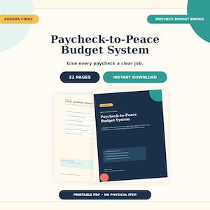 K&ouml;nnte beinhalten: Ein digitales Paycheck-to-Peace Budget System als druckbares PDF mit 32 Seiten. Das Deckblatt zeigt dunkelblaue, t&uuml;rkise und orangefarbene Akzente mit dem Text Paycheck-to-Peace Budget System. Enth&auml;lt eine Seite mit einer 20-Minuten-Checkliste.