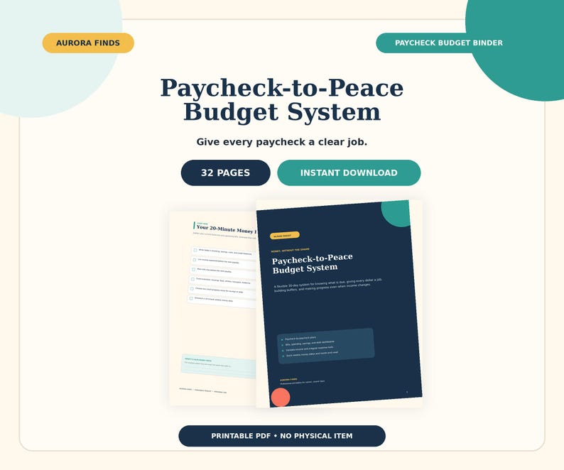 K&ouml;nnte beinhalten: Ein digitales Paycheck-to-Peace Budget System als druckbares PDF mit 32 Seiten. Das Deckblatt zeigt dunkelblaue, t&uuml;rkise und orangefarbene Akzente mit dem Text Paycheck-to-Peace Budget System. Enth&auml;lt eine Seite mit einer 20-Minuten-Checkliste.