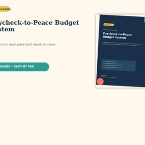 K&ouml;nnte beinhalten: Ein 32-seitiges digitales Dokument namens Paycheck-to-Peace Budget System im PDF-Format. Das Deckblatt ist in Dunkelblau und Creme gehalten und zeigt den Text 'Paycheck-to-Peace Budget System' sowie 'Know what each paycheck needs to cover'.