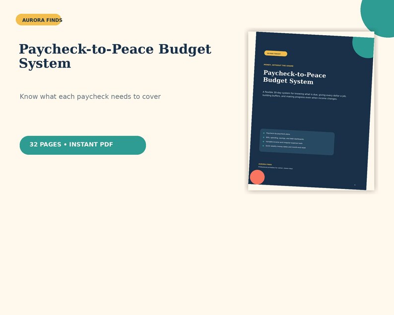 K&ouml;nnte beinhalten: Ein 32-seitiges digitales Dokument namens Paycheck-to-Peace Budget System im PDF-Format. Das Deckblatt ist in Dunkelblau und Creme gehalten und zeigt den Text 'Paycheck-to-Peace Budget System' sowie 'Know what each paycheck needs to cover'.
