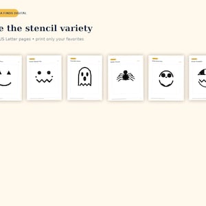May include: A digital collection of six printable pumpkin carving stencils on US Letter pages. The designs include a happy face, a zigzag grin, a ghost, a spider, an owl, and a cracked pumpkin. Text reads Aurora Finds Digital and See the stencil variety.