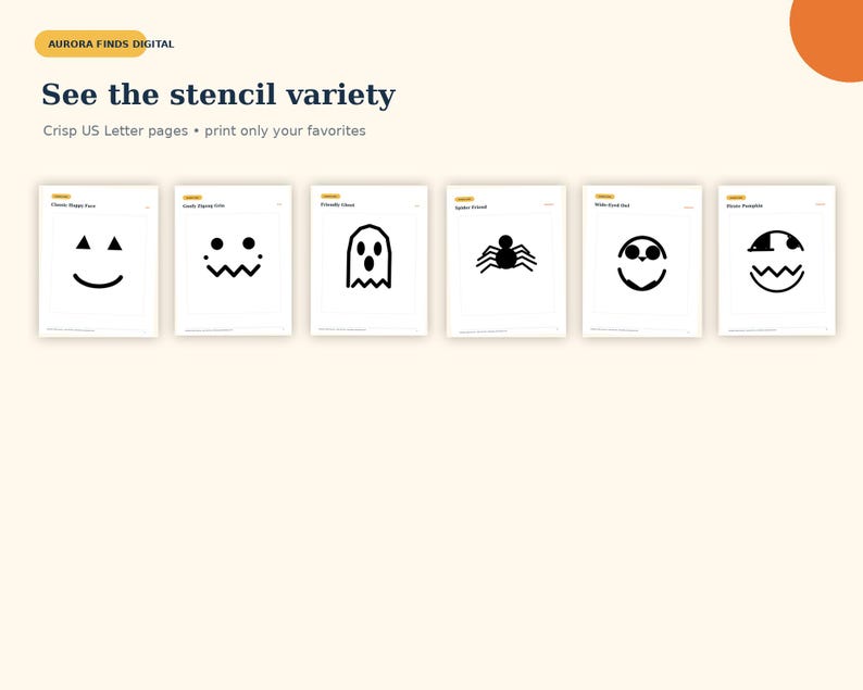 May include: A digital collection of six printable pumpkin carving stencils on US Letter pages. The designs include a happy face, a zigzag grin, a ghost, a spider, an owl, and a cracked pumpkin. Text reads Aurora Finds Digital and See the stencil variety.
