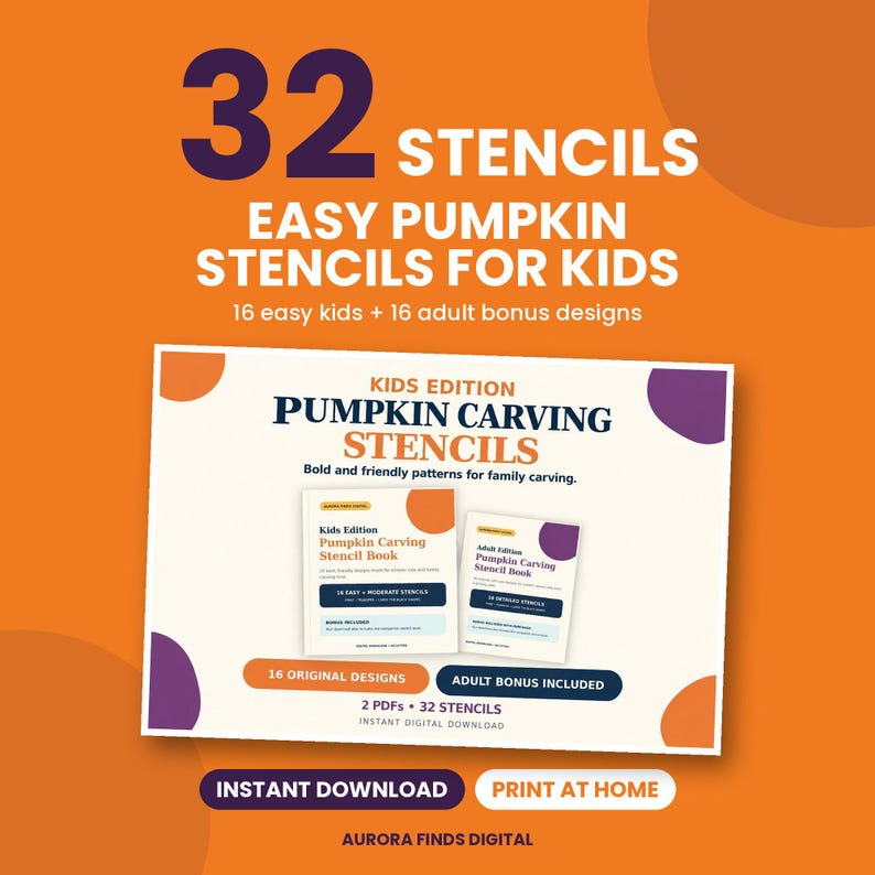 May include: A digital product display featuring 32 pumpkin carving stencils, including 16 easy designs for kids and 16 adult bonus designs. The graphic includes the text "32 STENCILS EASY PUMPKIN STENCILS FOR KIDS" and "INSTANT DIGITAL DOWNLOAD".
