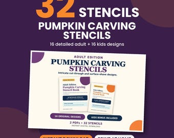Adult Pumpkin Carving Stencils Printable, 16 Intricate Halloween Templates Plus Kids Bonus