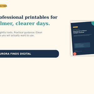 K&ouml;nnte beinhalten: Ein digitales Dokument mit dem Titel Paycheck-to-Peace Budget System von Aurora Finds Digital. Die Seite zeigt dunkelblaue Hintergr&uuml;nde mit wei&szlig;em Text, einen t&uuml;rkisfarbenen Kreisakzent und einen kleinen orangefarbenen Kreis. Der Text lautet Professional printables for calmer, clearer days. Thoughtful tools. Practical guidance. Clean pages you will actually want to use.