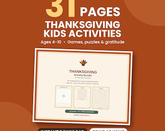 Thanksgiving-Aktivitätenpaket für Kinder, 31 druckbare Spiele & Dankbarkeitsseiten, Alter 4-10
