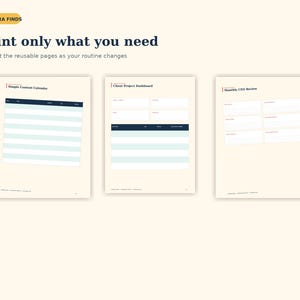 May include: Three printable planner pages titled Aurora Finds with the text Print only what you need and Reprint the reusable pages as your routine changes. The pages include a Simple Content Calendar, Client Project Dashboard, and Monthly CEO Review.