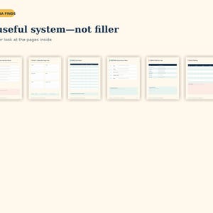 May include: A digital planner set featuring six distinct page layouts with tables and text fields. The text reads AURORA FINDS, A useful system&mdash;not filler, and A closer look at the pages inside. The pages are cream-coloured with dark blue headers.